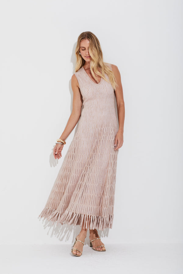 Vestido Tricot Geométrico Mescla Com Transparência Quartzo Rosa