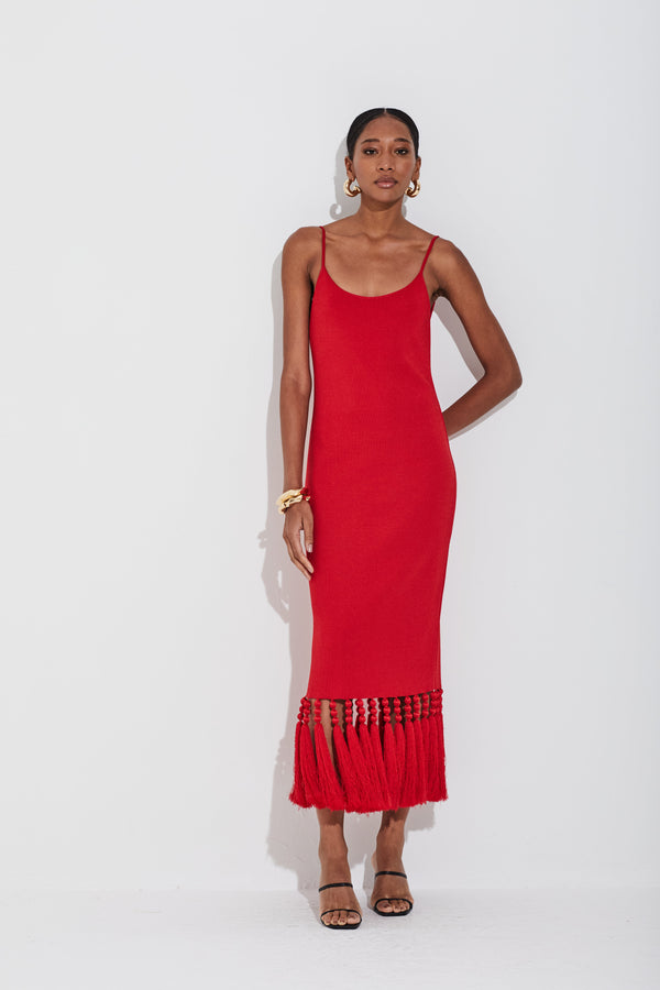 Vestido Midi Tricot Em Malha Cheia Com Franjas Tomate
