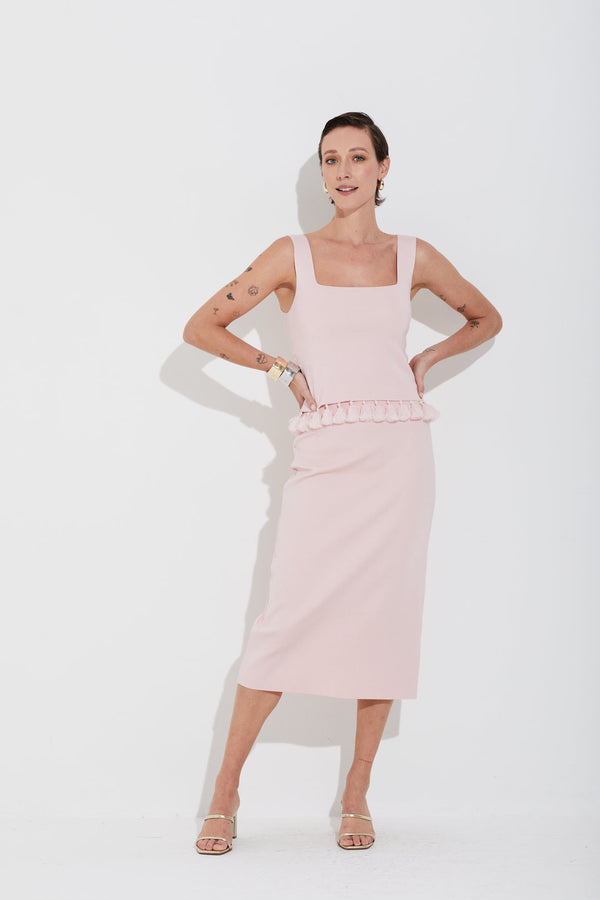 Saia Midi Tricot Em Malha Cheia Quartzo Rosa