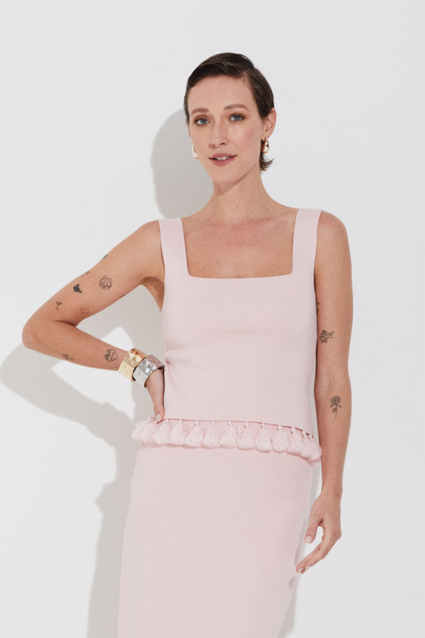 Poncho Sem Mangas Tricot Em Malha Cheia Com Franjas Quartzo Rosa