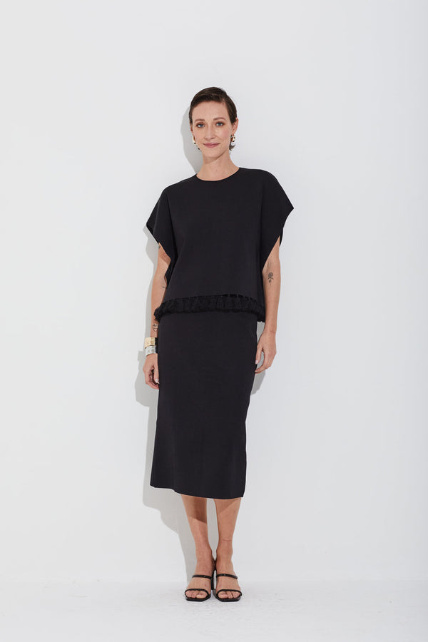 Poncho Sem Mangas Tricot Em Malha Cheia Com Franjas Preto