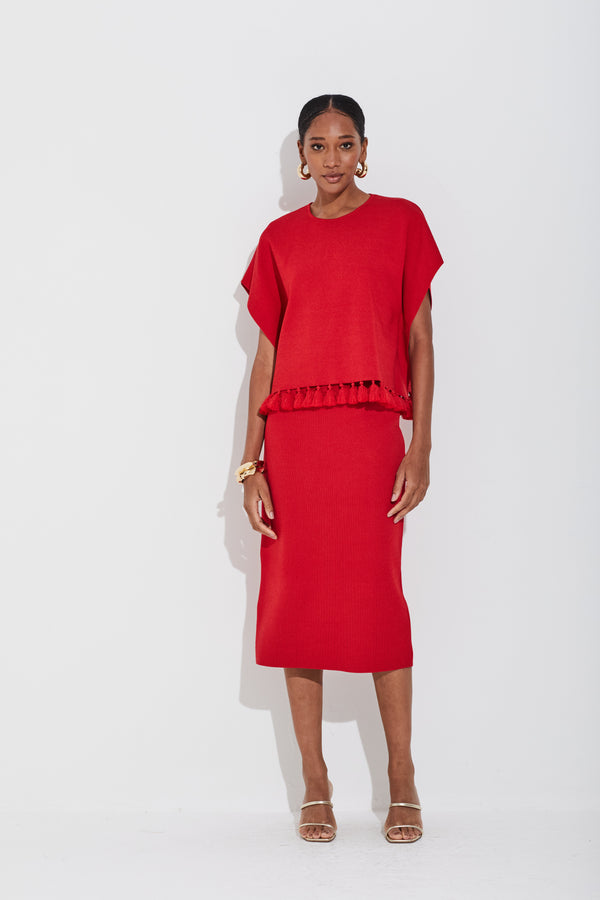 Poncho Sem Mangas Tricot Em Malha Cheia Com Franjas Tomate