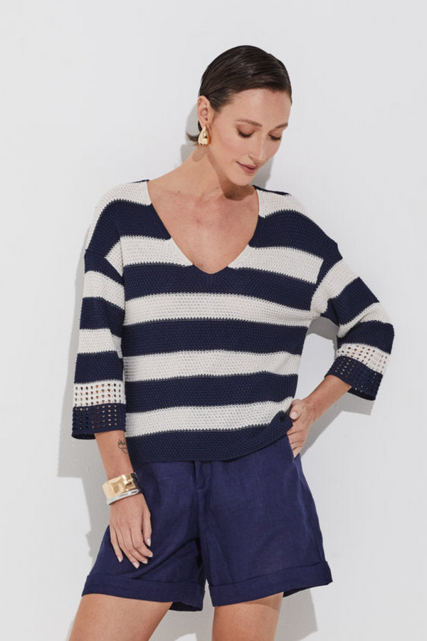 Blusa Tricot Listrado Rústico Linho/navy Classico