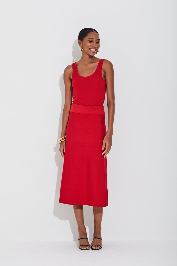 Saia Midi Tricot Em Malha Cheia Tomate