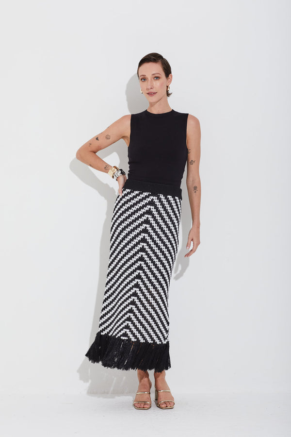 Saia Tricot Links Franjas Preto/off White