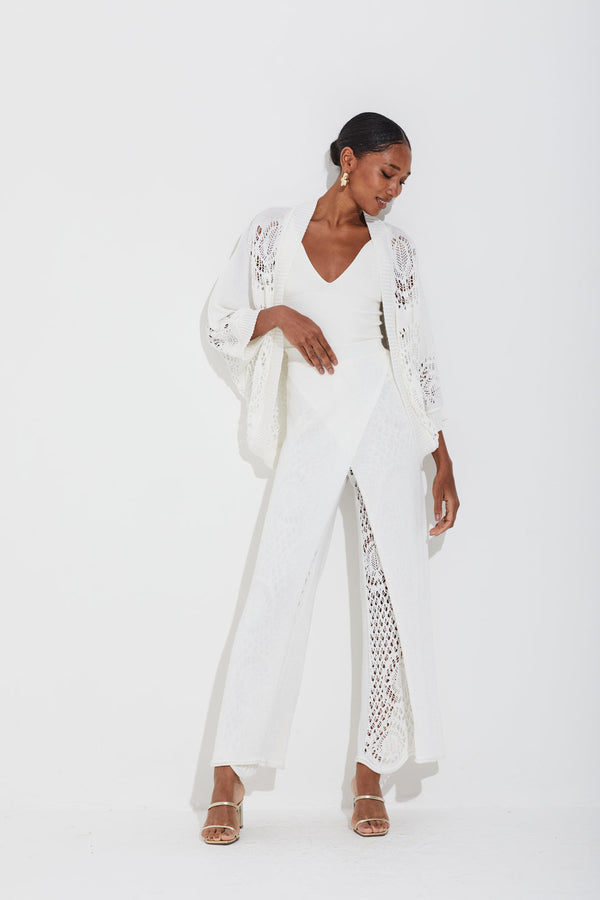 Calça Tricot Detalhes Em Trama Crochê Mix Tela Off White