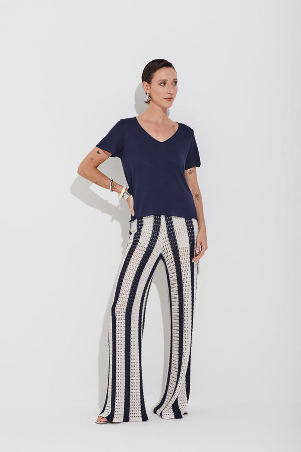 Calça Tricot Listrado Rústico Linho/navy Classico