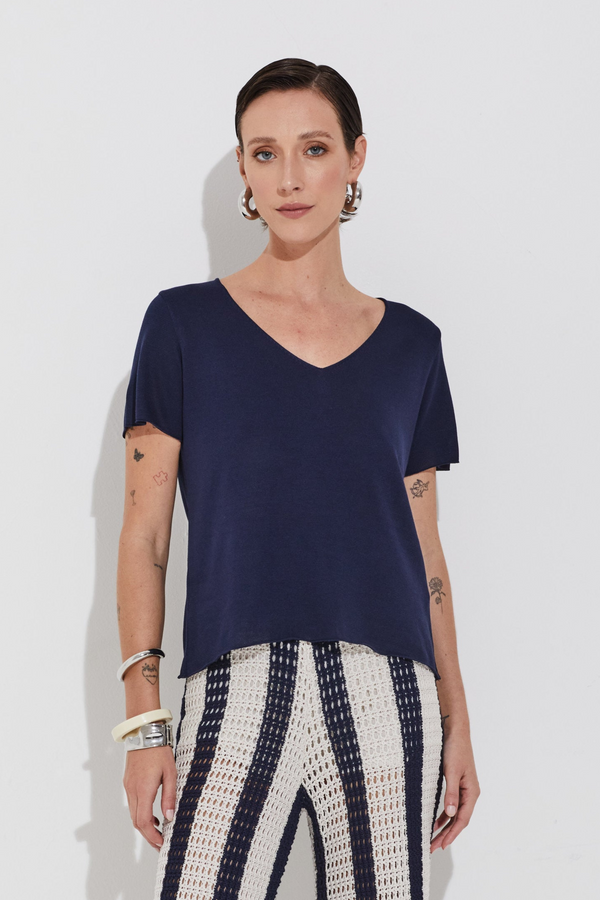 Blusa Em Tricot Decote V Manga Curta Meia-Noite