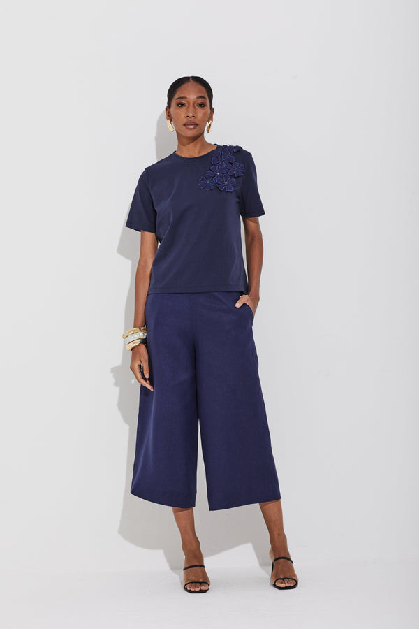 Calça Linho Puro Wide Leg Navy Classico