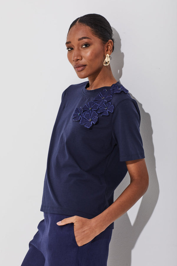 T Shirt Com Bordado Flores Navy Classico