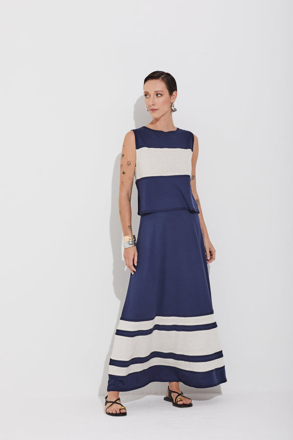 Saia Em Mix De Malhas Longa Com Recortes Mix Bicolor Navy Classico