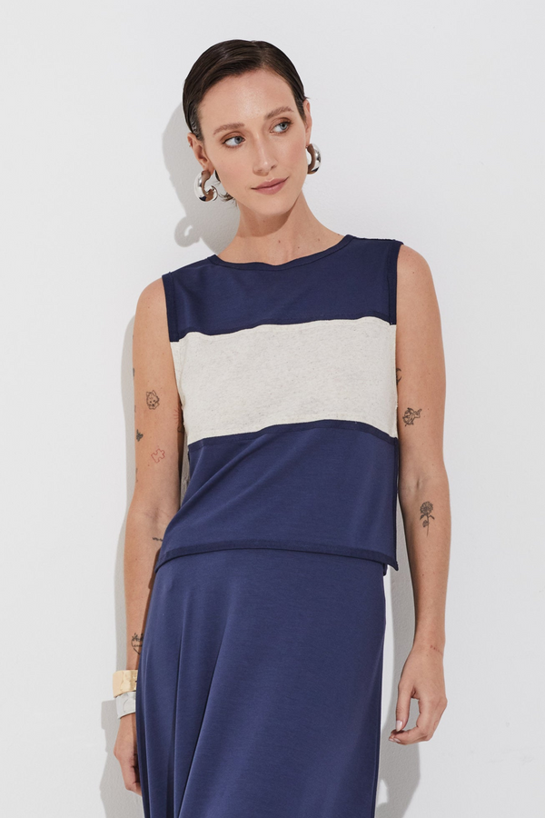 Blusa Malha Mix Bicolor Navy Clássico