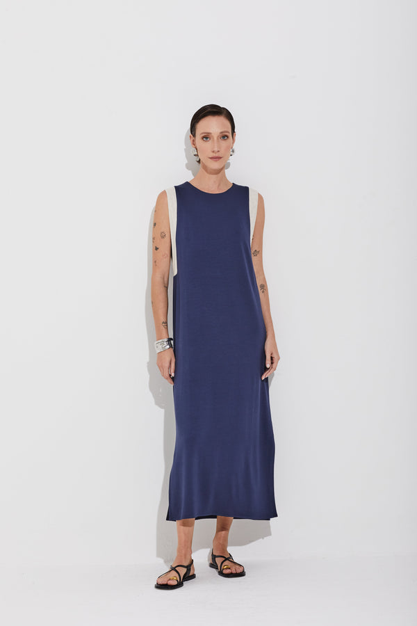 Vestido Em Mix De Malhas Longo Com Recortes Mix Bicolor Navy Classico