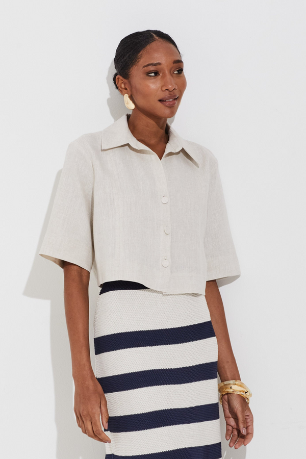 Camisa Cropped Linho Puro Linho Natural