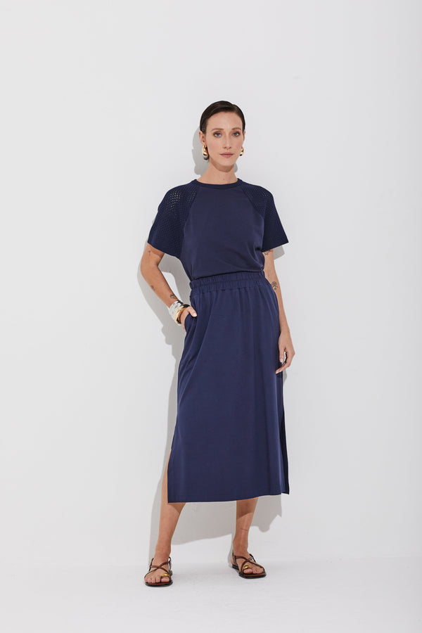 Saia Em Crepe De Malha Com Cós De Elastico Longa Navy Classico
