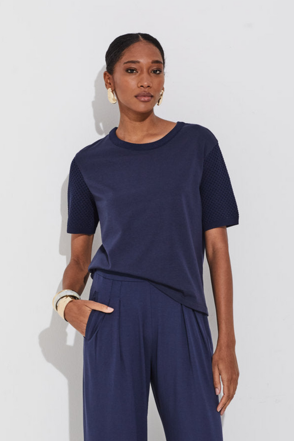T-shirt Gola Redonda Malha Conforto Ombro Com Tricot Navy Classico