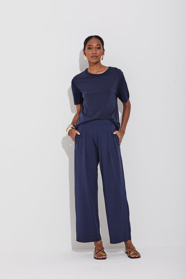 Calça Em Crepe De Malha Com Bolso Embutido Navy Classico