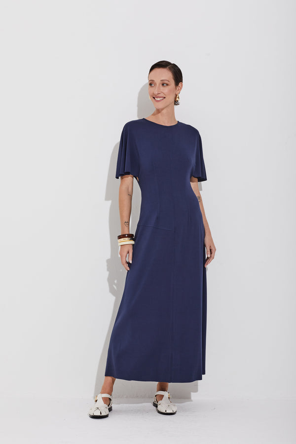 Vestido Em Crepe De Malha Com Recortes Pespontados Navy Classico