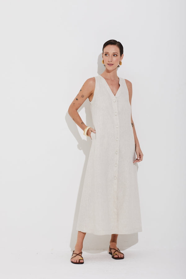 Vestido Linho Puro Botões Linho Natural