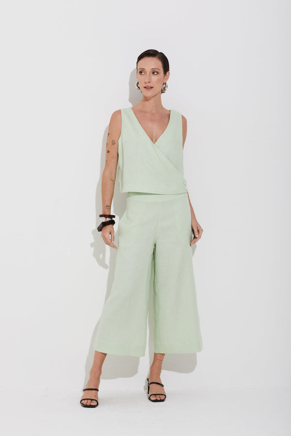 Calça Linho Puro Wide Leg Verde Claro