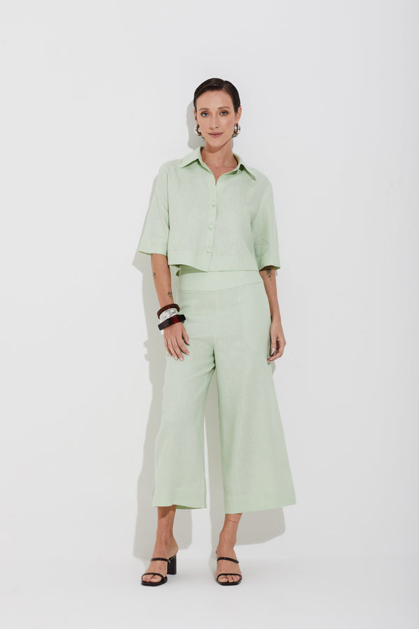 Calça Linho Puro Wide Leg Verde Claro