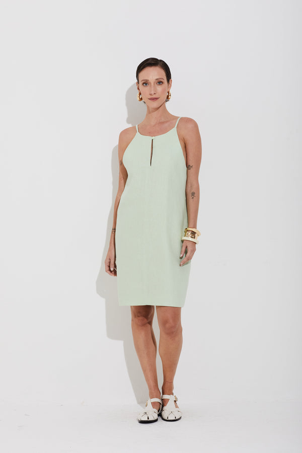 Vestido Linho Puro Alças Finas Verde Claro