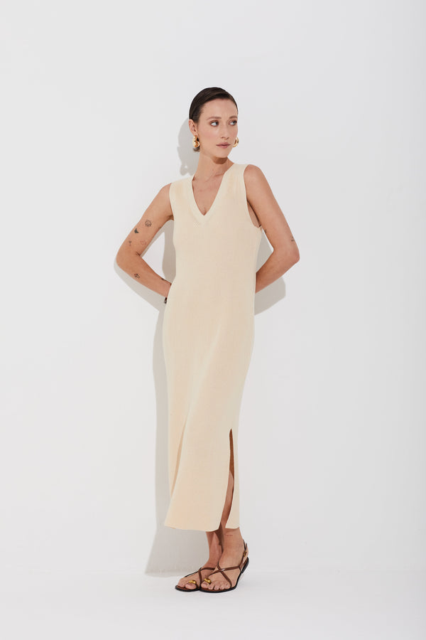 Vestido Tricot Longuete Ponto Pérola Off Amanteigado