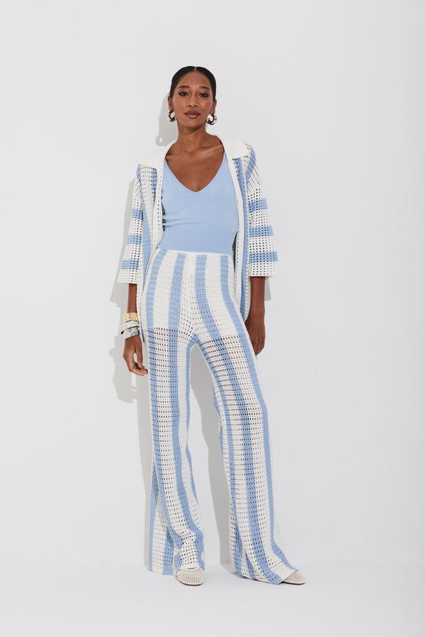 Calça Tricot Listrado Rústico Off White/summer Blue