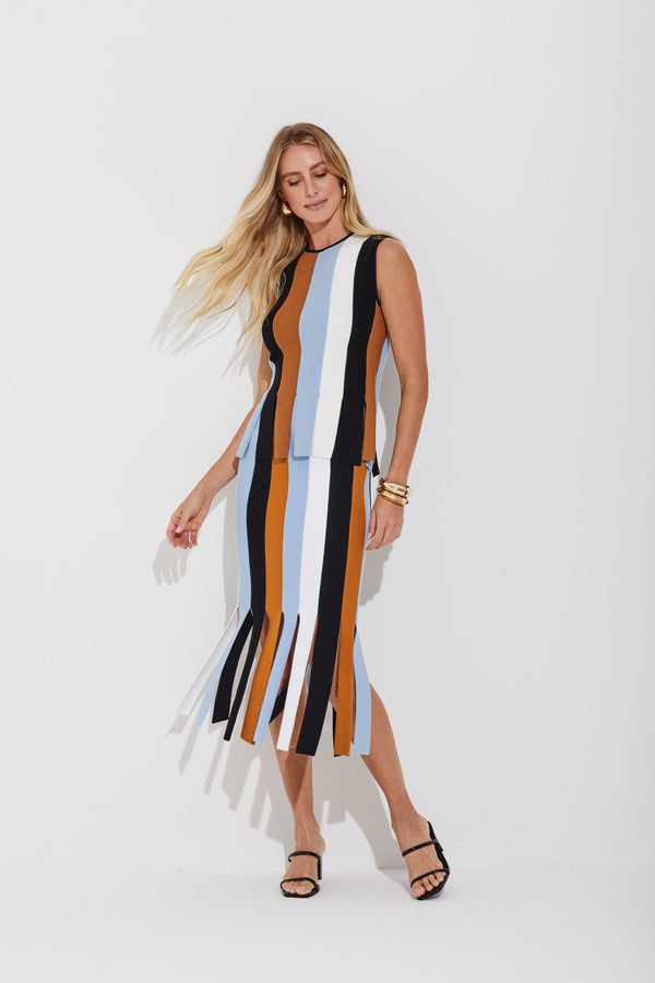 Saia Tricot Barra Listras Multicolor Summer Blue