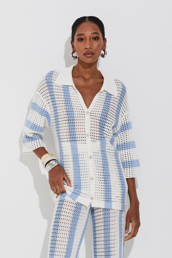 Camisa Tricot Listrado Rústico Off White/summer Blue