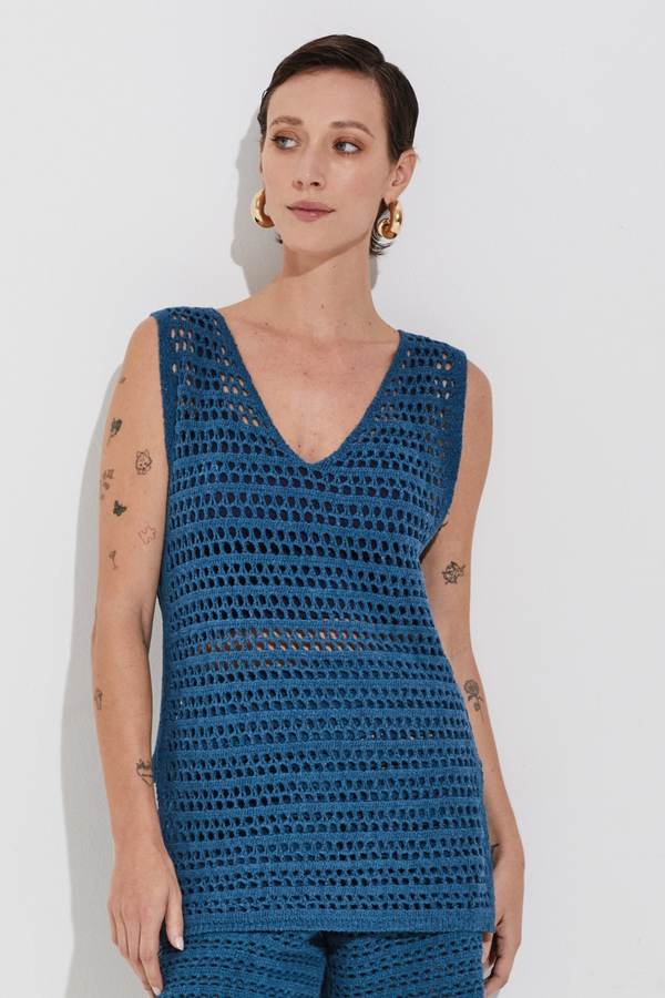 Veste Alongada Tricot Com Gola Referência Handmade Petroleo