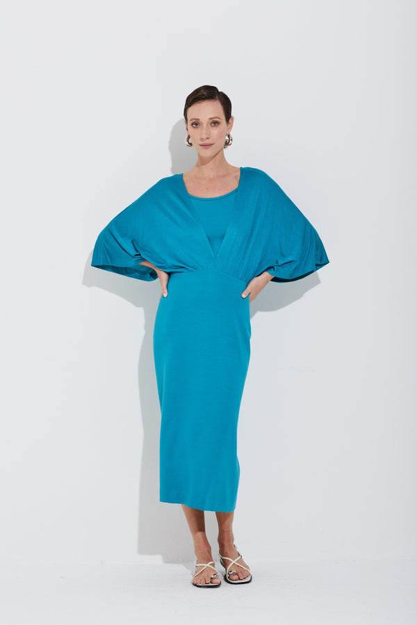 Vestido Mangas Malha Infinity Petróleo
