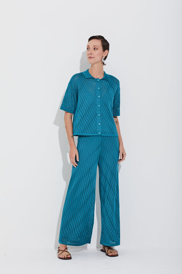 Calça Tricot Rendado Ondas Petroleo