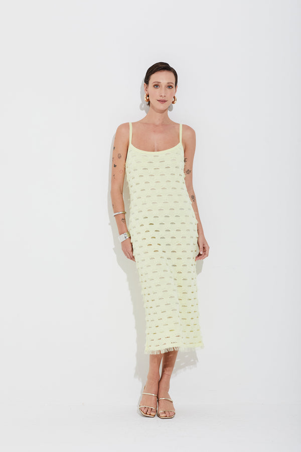 Vestido Tricot Detalhes Geométricos Com Franjas Off Limado