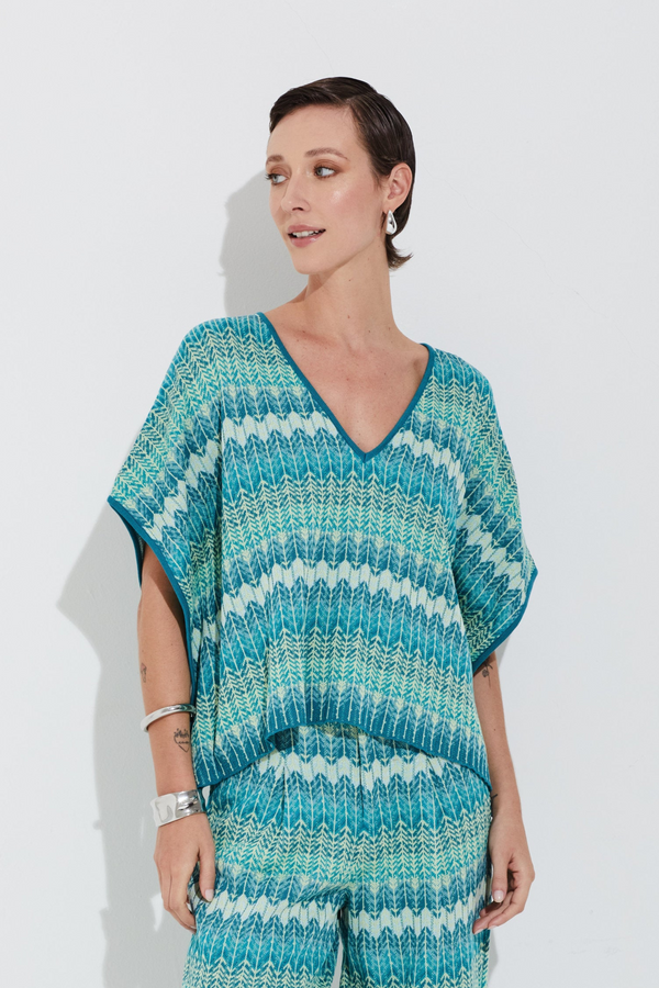 Blusa Tricot Chevron Com Mix De Cores Chevron Petroleo