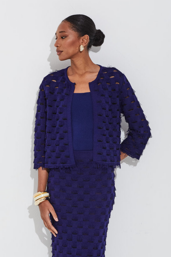 Casaqueto Tricot Detalhes Geométricos Com Franjas Mistic Blue