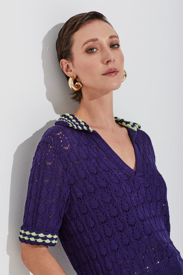 Blusa Gola Polo Ponto Crochê Colorida Multicolor Mistic Blue