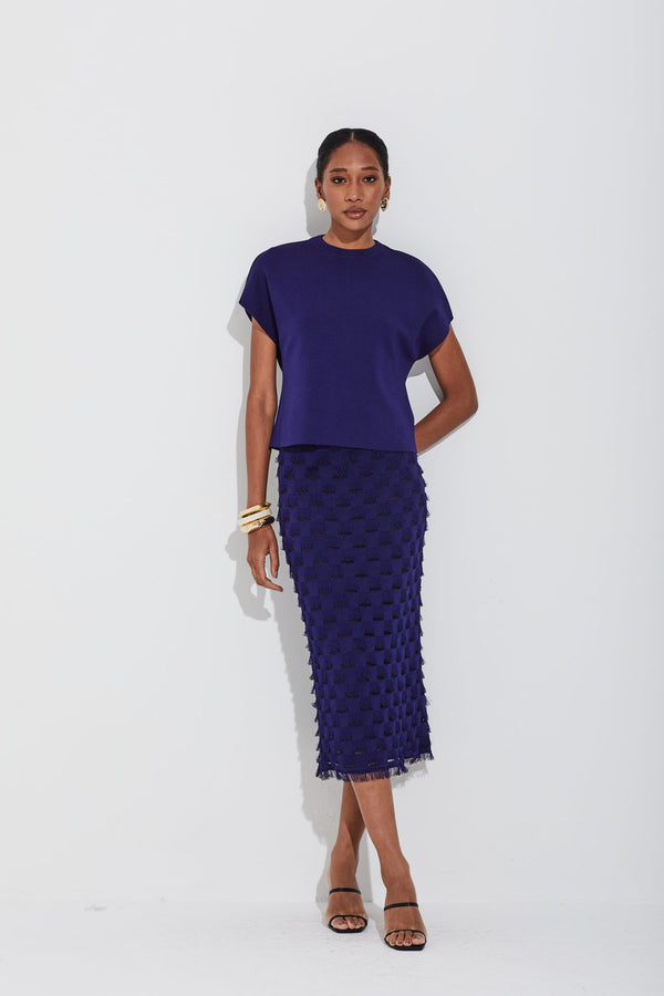 Saia Tricot Detalhes Geométricos Com Franjas Mistic Blue