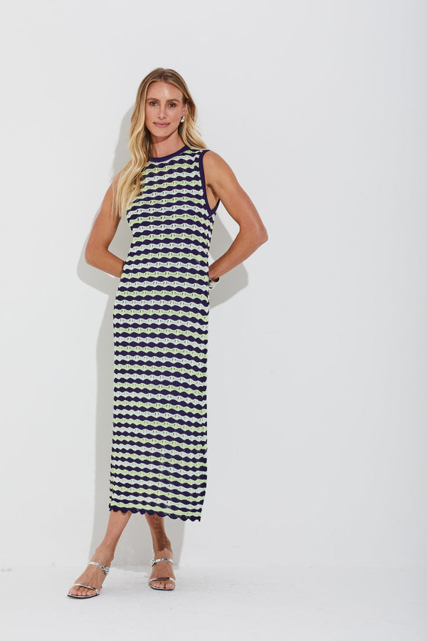 Vestido Tricot Mix Tons Rendado Multicolor Mistic Blue