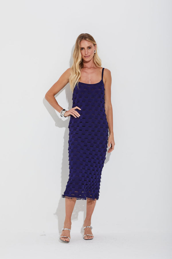 Vestido Tricot Detalhes Geométricos Com Franjas Mistic Blue