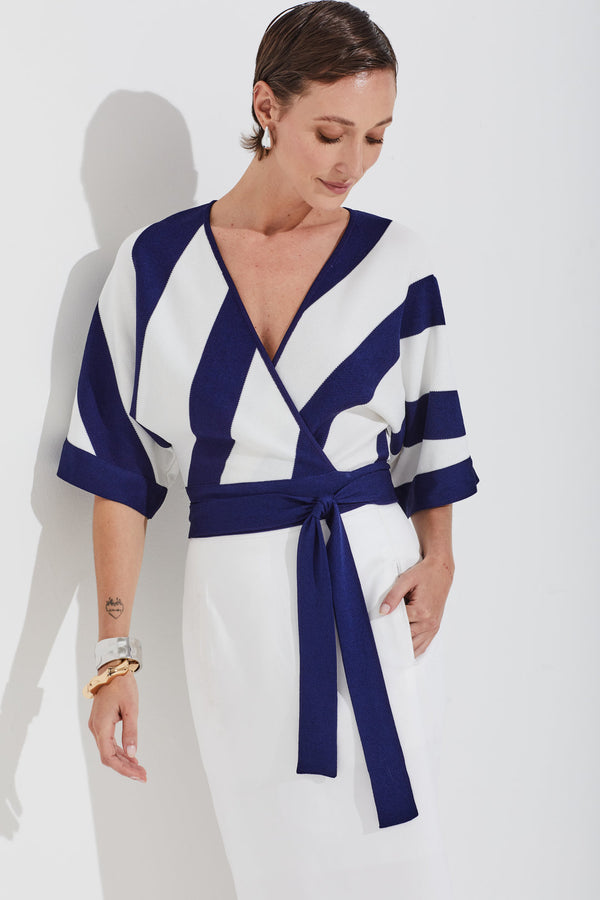 Blusa Tricot Listrada Com Amarração Mistic Blue/off White