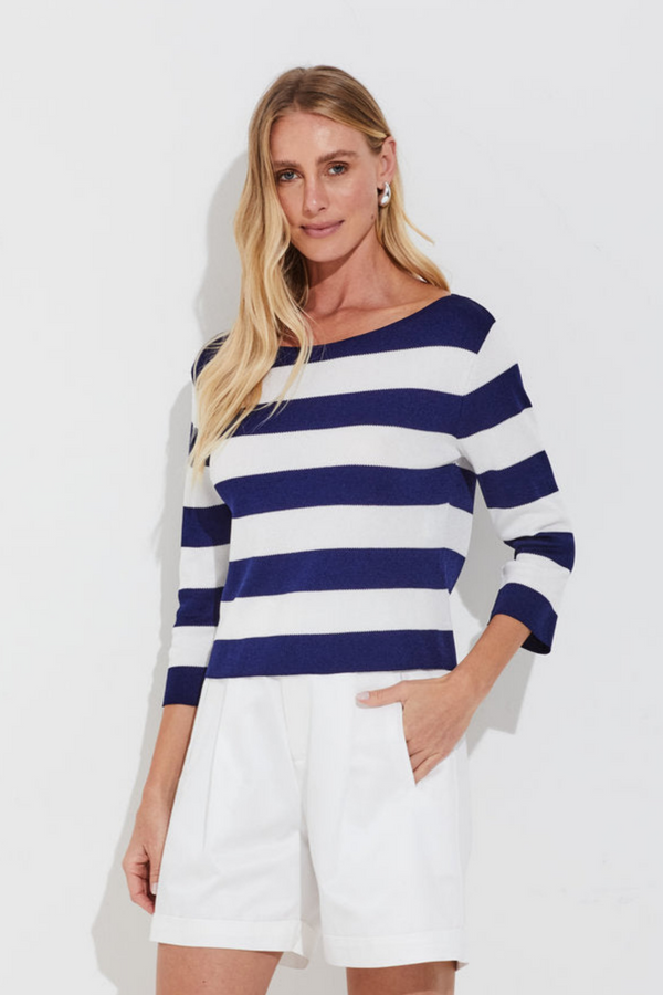 Blusa Tricot Listrado Mistic Blue/off White