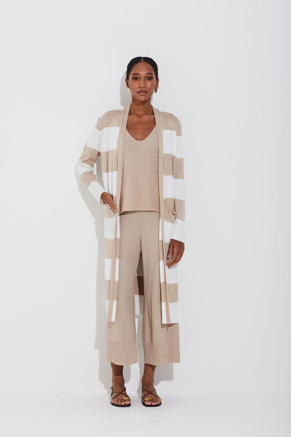 Maxi Cardigan Tricot Listrado Aveia/off White