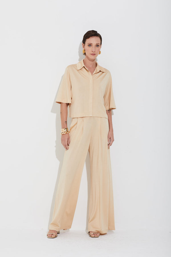 Calça Em Malha Pantalona Com Pregas New Palha