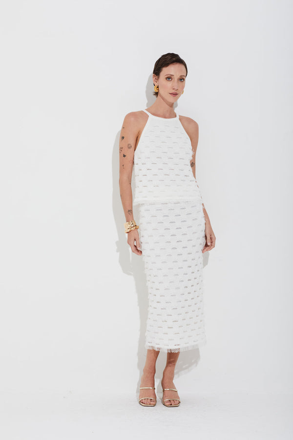 Saia Tricot Detalhes Geométricos Com Franjas Off White