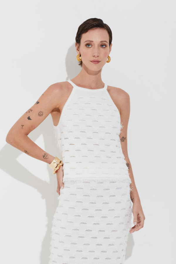 Regata Tricot Detalhes Geométricos Com Franjas Off White