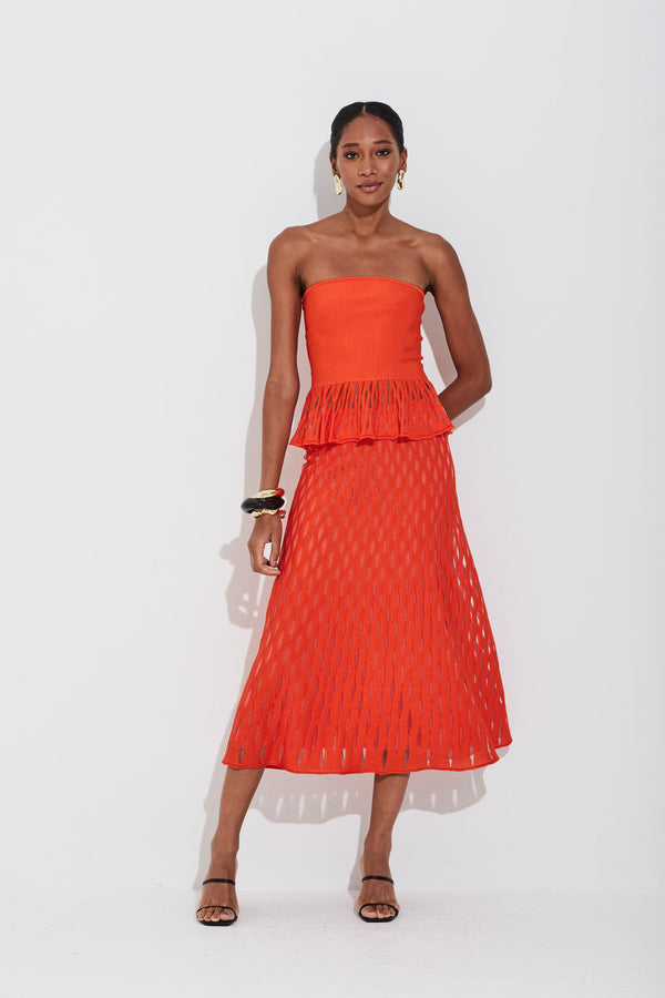 Saia Longa Tricot Com Vazados Vermelho Scarlat