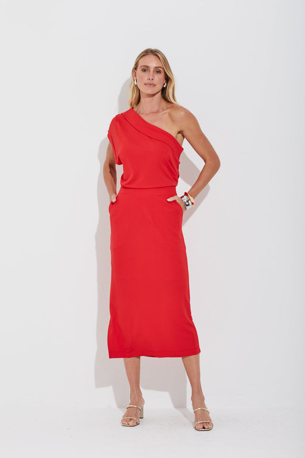Saia Midi Com Fenda Lateral Malha Jersey Opaque Tomate