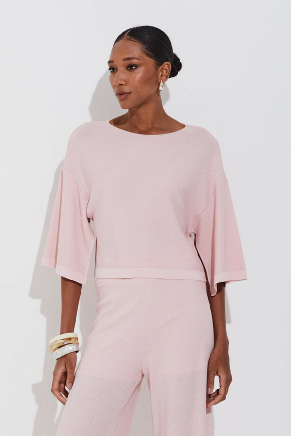 Blusa Piquet Manga 3/4 Com Abertura Em Tricot Quartzo Rosa
