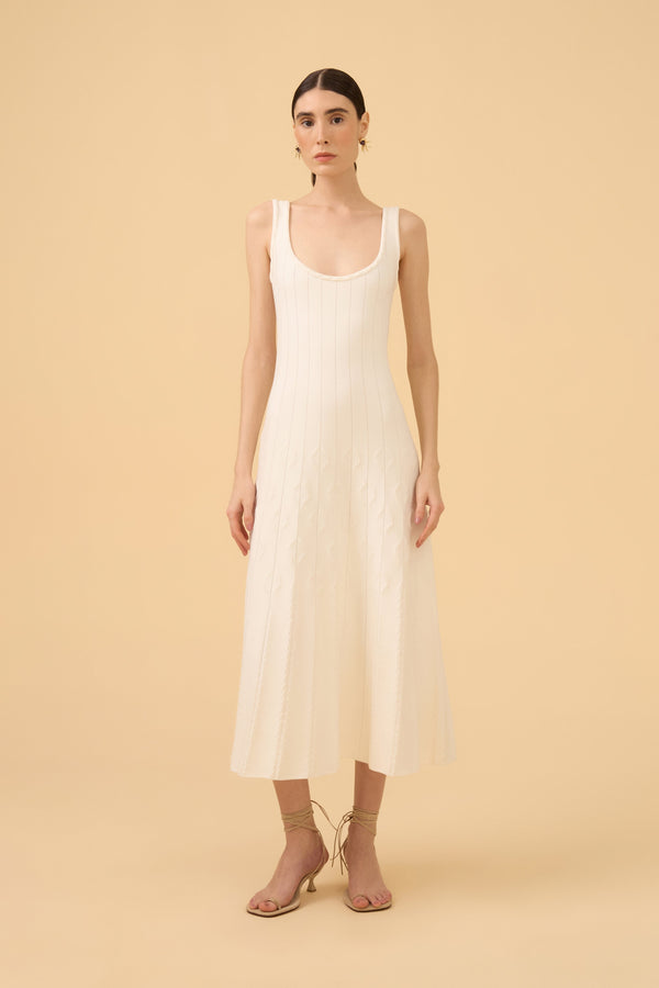 Vestido Mídi Jacquard Textura E Tricot Off White